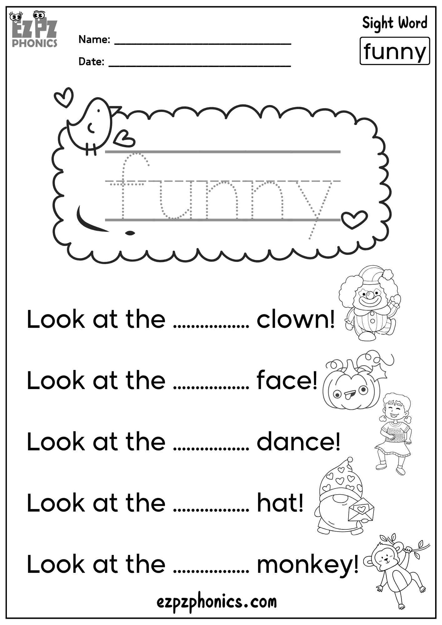 The Word “Funny” - Dolch Pre-Kindergarten Sight Words Sentences Worksheet